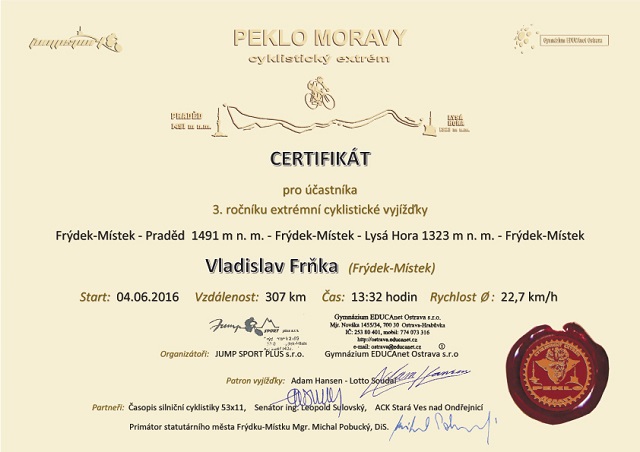 Certifikát - Vladislav Frňka